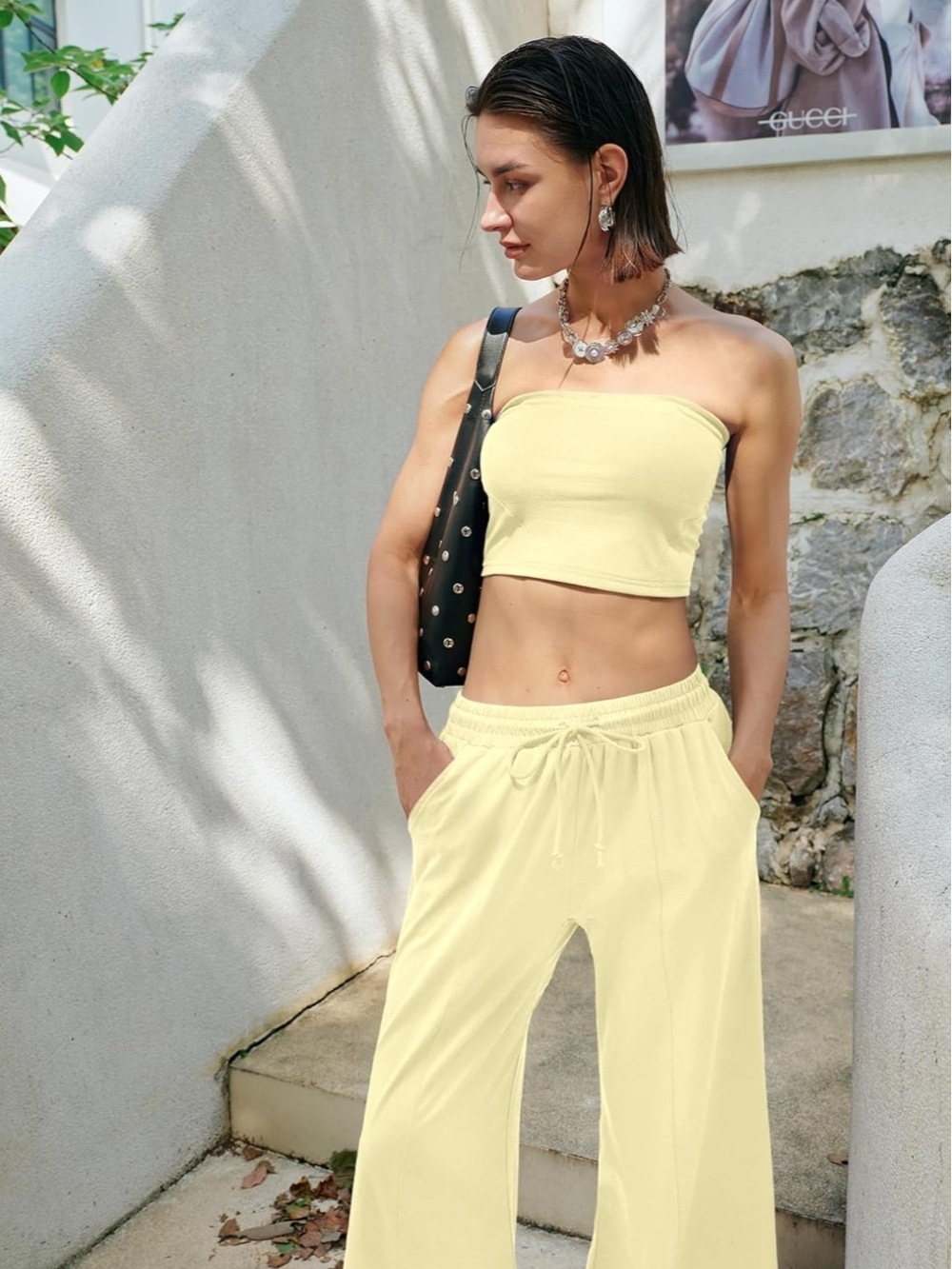 2 Piece Lounge Set Small Butter Yellow Strapless Tube Top Wide Leg Pants